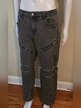 Hot Topic Charcoal Distressed Zipper Grommet Frayed Wide Leg Denim Cargo Pants.